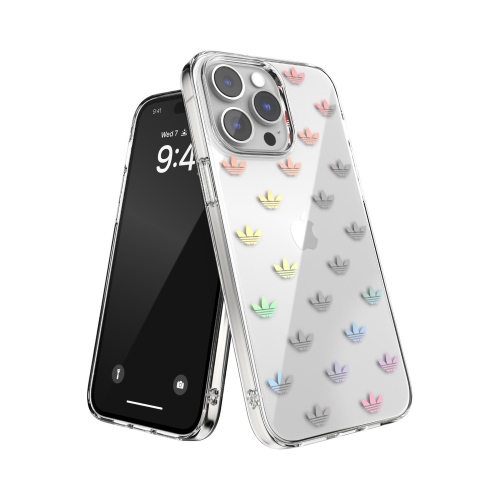 ADIDAS CLEAR APPLE iPHONE 14 PRO MAX COVER IN TPU CON STAMPA DALL'INCONFONDIBILE LOOK ANNI '70 TRASPARENTE